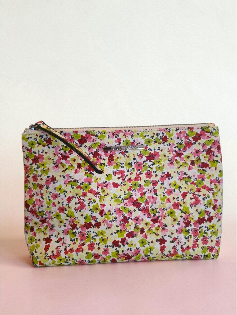 Steve Madden Floral Large Zip Top Cosmetic Clutch Pink Green Zip Pouch Bag Y2K